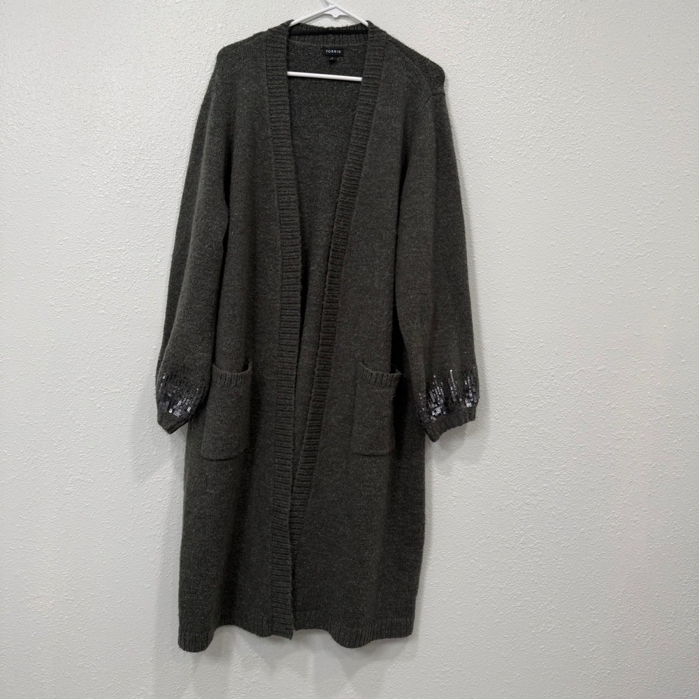 Torrid Womens Longline Cardigan Sweater Dark Gray‎ Sequins Pockets Size 2 2X